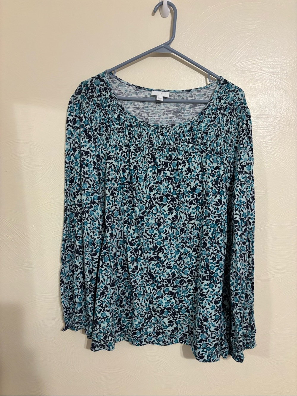 J.Jill Women’s XL Teal Floral Smocked Long Sleeve Top Stretch Boho